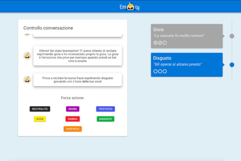 Emoty e' un agente conversazionale emotivo, in grado di riconoscere le emozioni dell'utente mediante l'analisi delle caratteristiche sonore e semantiche del parlato. Emoty utilizza tecniche avanzate di Deep Learning ed e' alla base delle applicazioni I3lab per il training delle persone con difficolta' di espressione o riconoscimento delle emozioni.