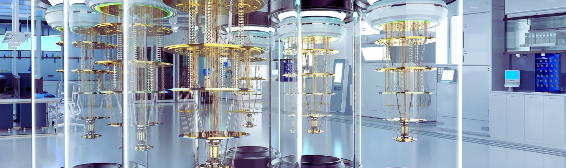 3D rendering group of quantum computer machines in shield capsules at laboratory.