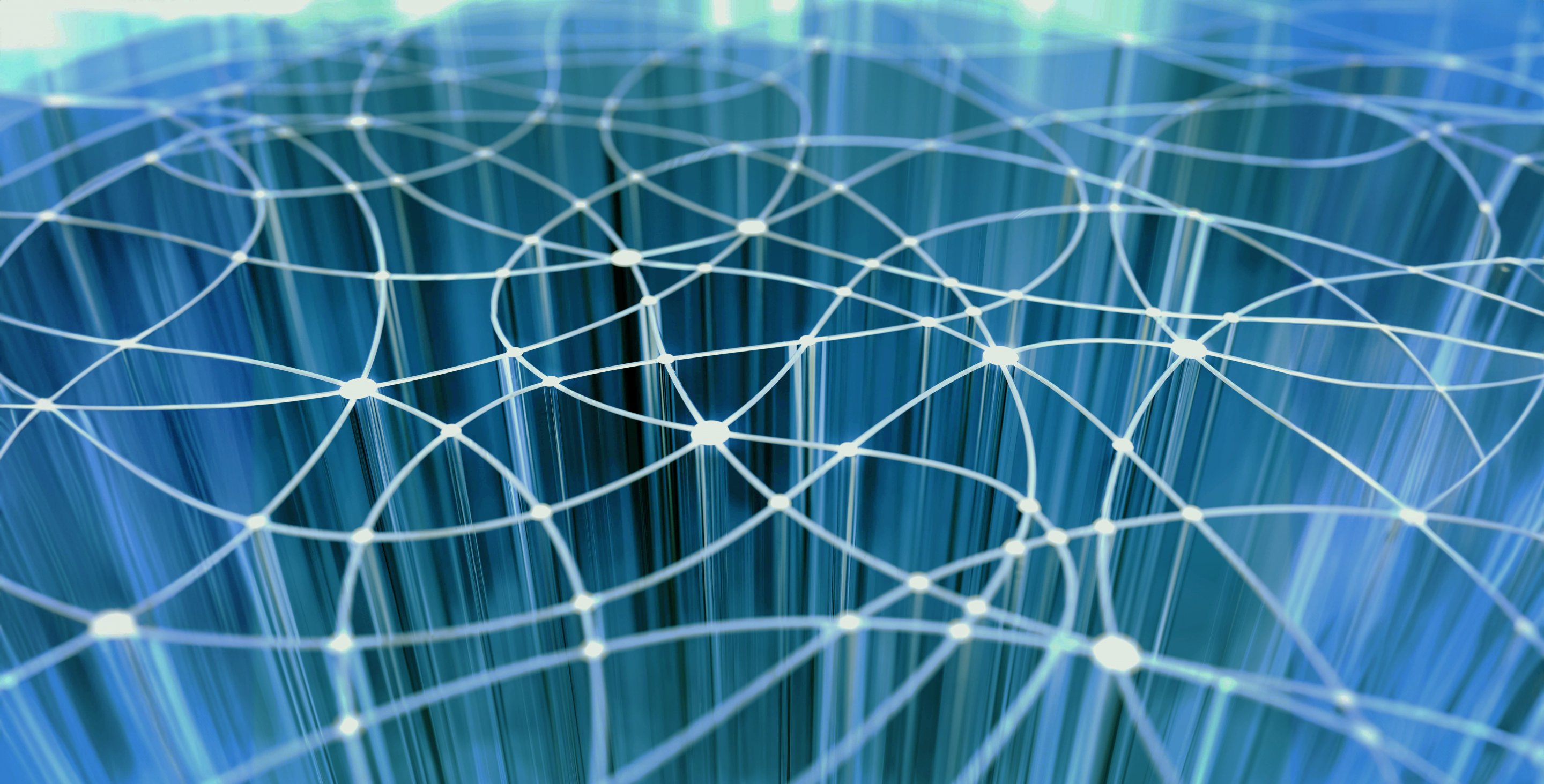 Sfondo astratto blu con linee e punti che creano un effetto visivo dinamico e moderno.