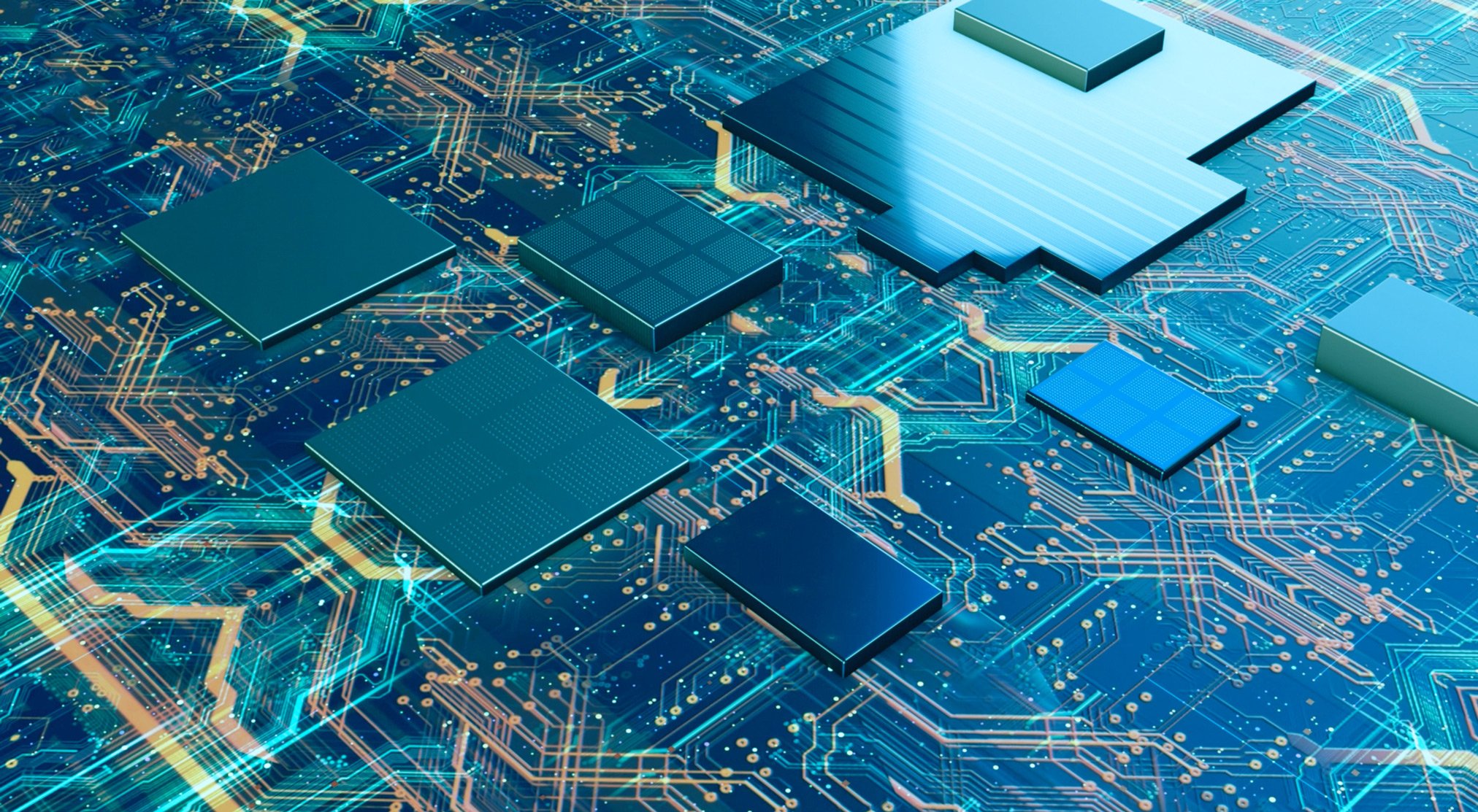 A high-tech electronic integrated circuit with multiple chips and circuit traces on a board.