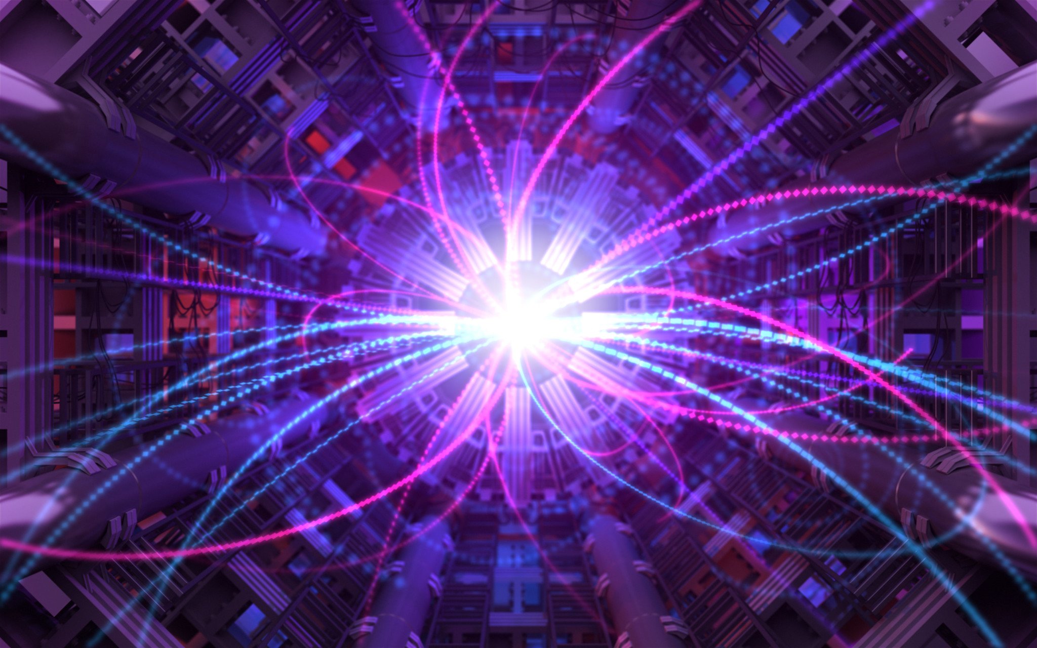 Immagine futuristica di un centro dati con linee di luce brillanti in tonalità rosa, blu e viola che emergono da un nucleo luminoso al centro, che evoca concetti di tecnologia avanzata, connessioni di dati e reti digitali.