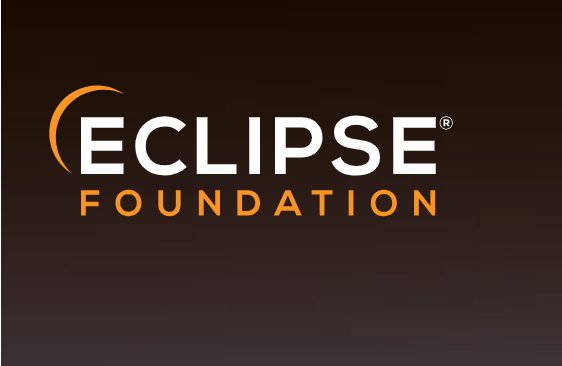 Eclipse Foundation logo featuring the word "ECLIPSE" in white, "FOUNDATION" in orange, and an orange semi-circular icon curving above the letter "E", all on a gradient background from black to dark brown.