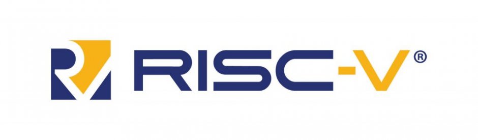 Logo of RISC-V, featuring a stylized symbol on the left composed of a white "V" on a blue background and a yellow element forming an "R". To the right of the symbol, the text "RISC-V" is written in blue and yellow characters.