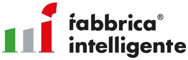 Logo of "fabbrica intelligente," featuring three columns in green, gray, and red forming a stylized figure, with the words "fabbrica intelligente" in bold black text.
