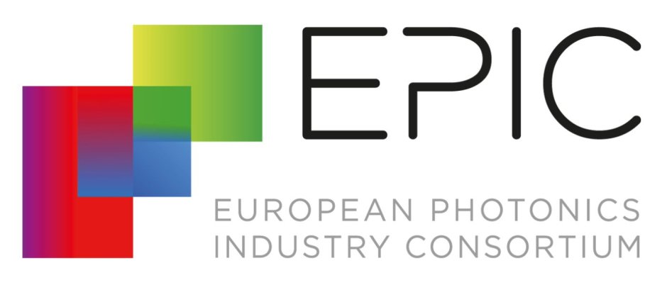 EPIC logo featuring three overlapping squares in red, blue, and green, with the text "EPIC" in large black letters and "EUROPEAN PHOTONICS INDUSTRY CONSORTIUM" in smaller gray font below.

