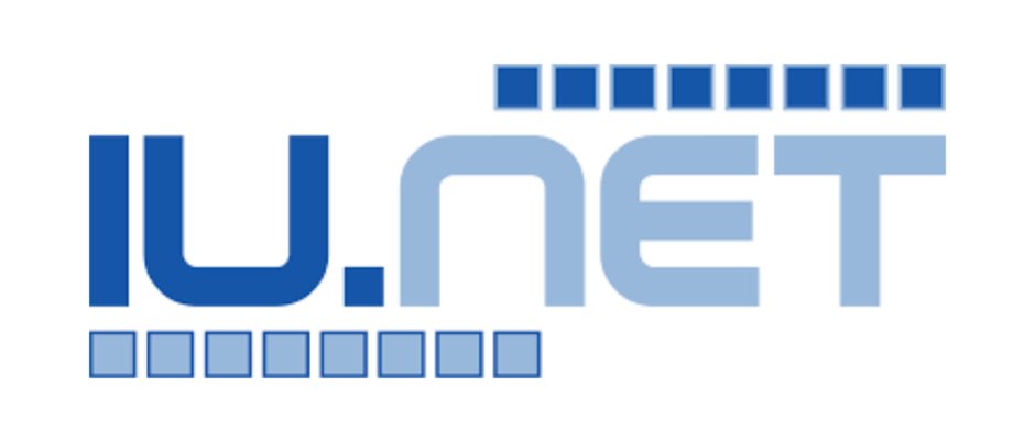 Logo featuring the text "IU.NET" written in blue, with square decorations above and below the text, alternating between dark blue and light blue.