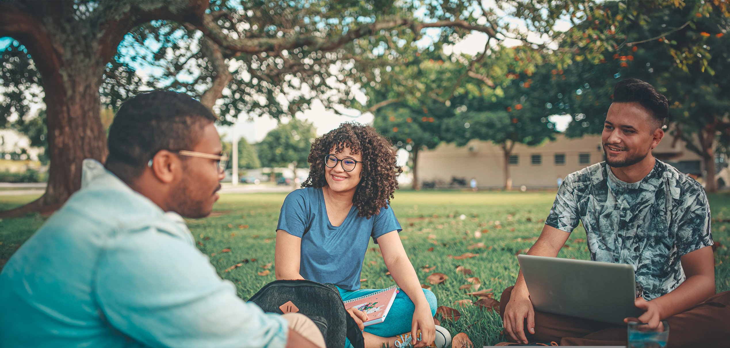Tre studenti seduti sull'erba con laptop, impegnati in attivit di studio e collaborazione.