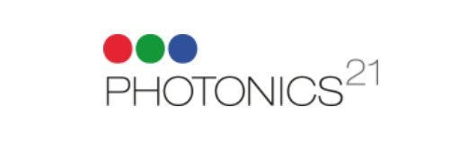 Logo of Photonics21, featuring three colored circles (red, green, and blue) aligned horizontally above the text "PHOTONICS" in black. To the right of the text, the number "21" appears in grey as a superscript.