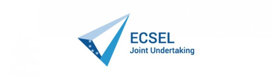 ECSEL logo featuring a stylized rocket or aircraft icon in shades of blue, decorated with stars reminiscent of the American flag, with the text "ECSEL" in blue and "Joint Undertaking" underneath.