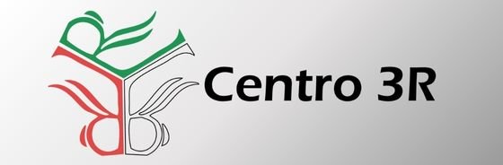 Logo featuring a stylized drawing of a book with wings, accompanied by the text "Centro 3R." The design uses the colors green, red, and black on a gradient gray background.