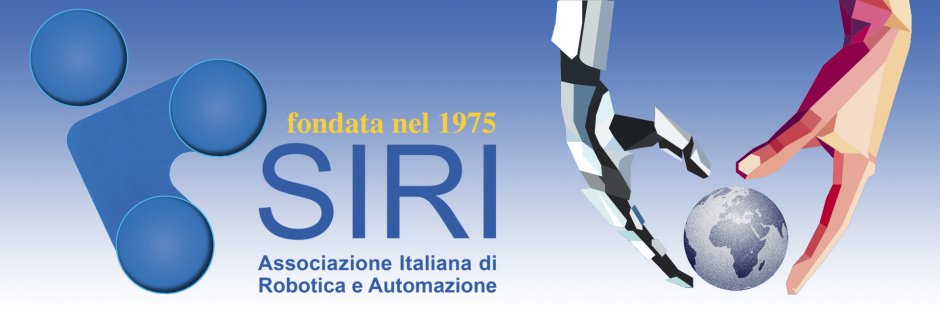 Logo of SIRI, the Italian Association of Robotics and Automation. On the left, a blue stylized design with three interconnected circles. In the center, the text reads "founded in 1975 SIRI" in yellow and blue, followed by "Italian Association of Robotics and Automation" in blue. On the right, an illustration of a robotic hand and a human hand holding a globe together.