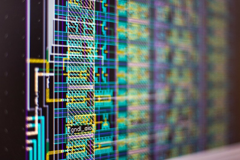 Close-up of a computer screen showing a detailed printed circuit board.